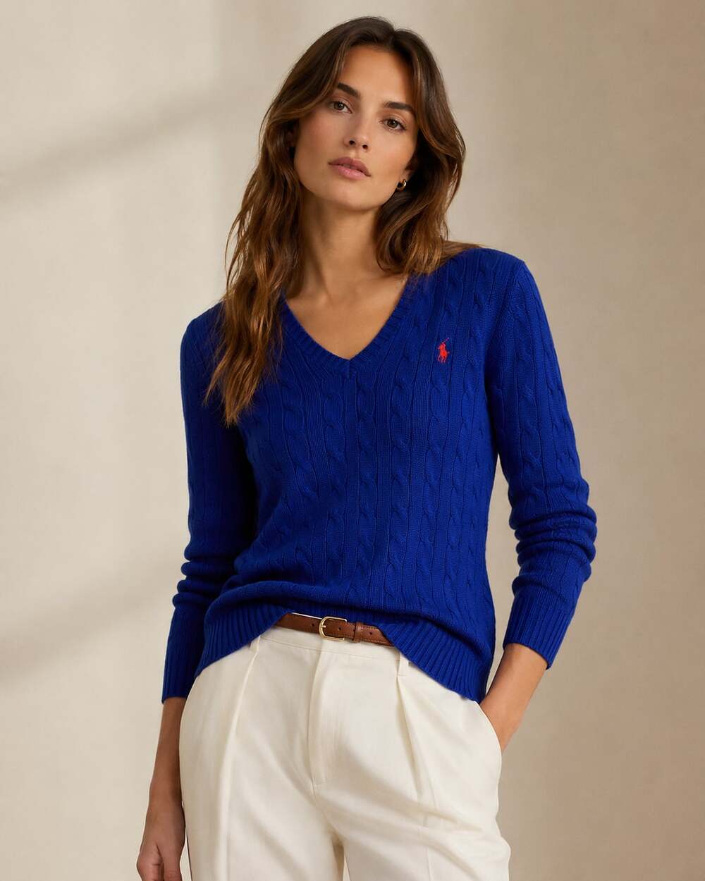 Polo Ralph Lauren Sport Women's Royal Blue Cable-Knit V-Neck Cotton Sweater S/P